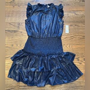 TCEC Dark Blue Snakeskin Cinched Waist Ruffled Dress, Size L – NWT